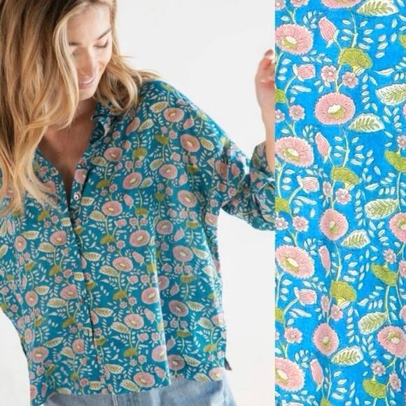 Natural Life Size M Boho 70s Block Print Button Down Shirt Blue Floral Vines - Picture 1 of 9